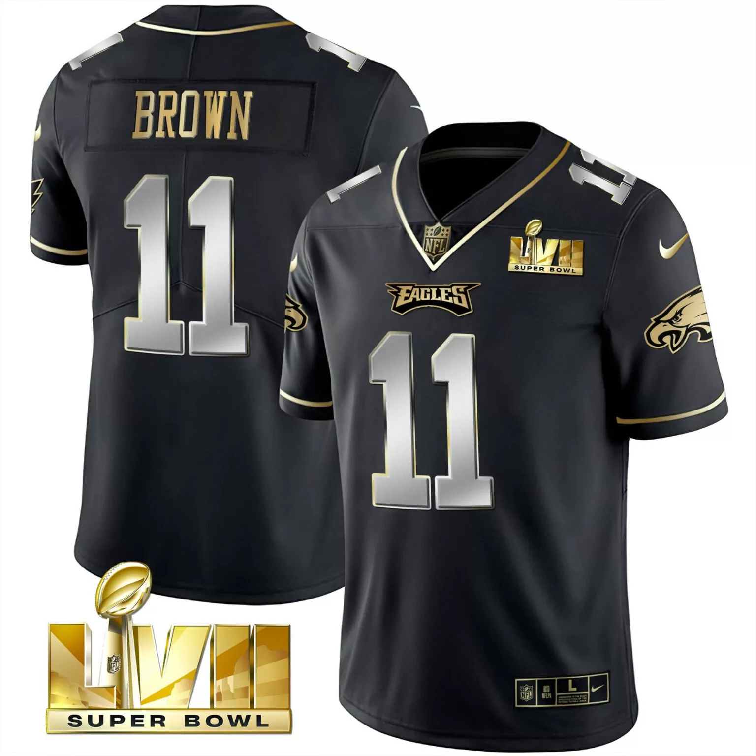 Aj Brown 11 Eagles Jersey Black Super Bowl Lvii Men Player Gold Silver Vapor All