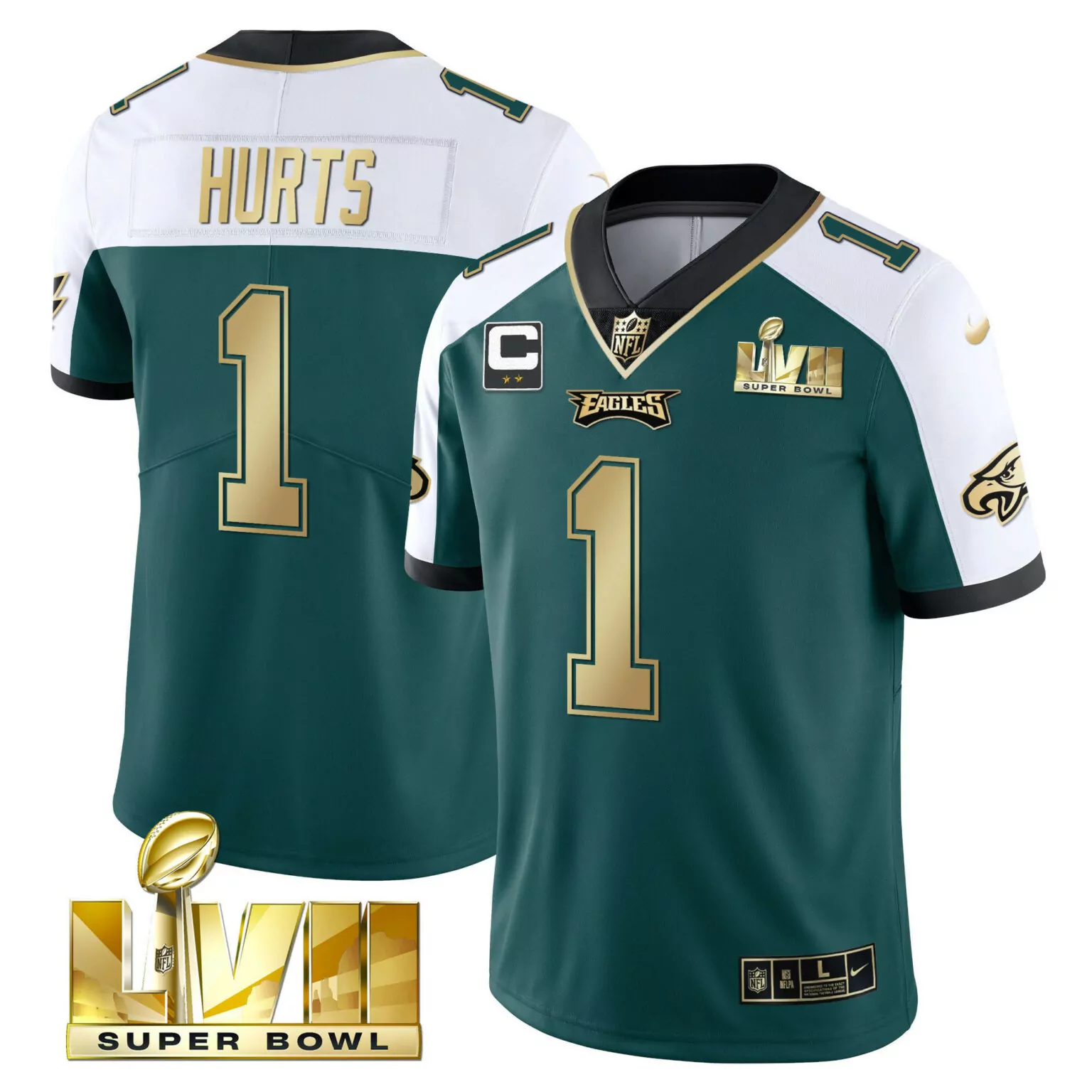 Jalen Hurts 1 Eagles Jersey Green Super Bowl Lvii Men White Gold Black Alternate