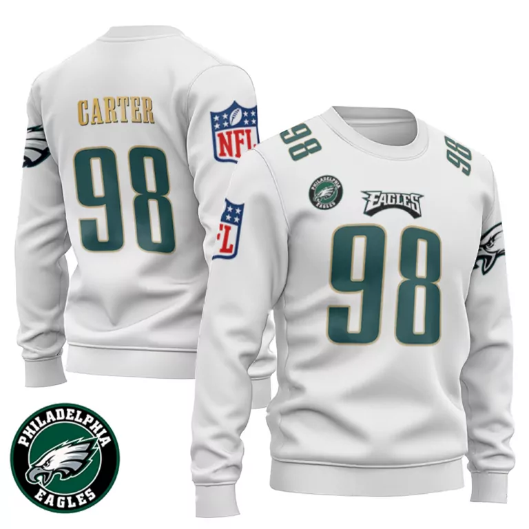 Jalen Carter 98 Jersey White Philadelphia Eagles Men Crewneck Sweatshirt Green Gold