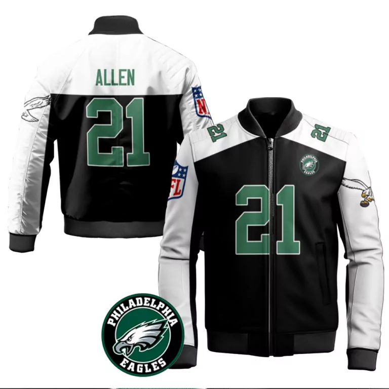Eric Allen 21 Philadelphia Eagles Jersey Black Men Bomber Jacket White Green Alternate