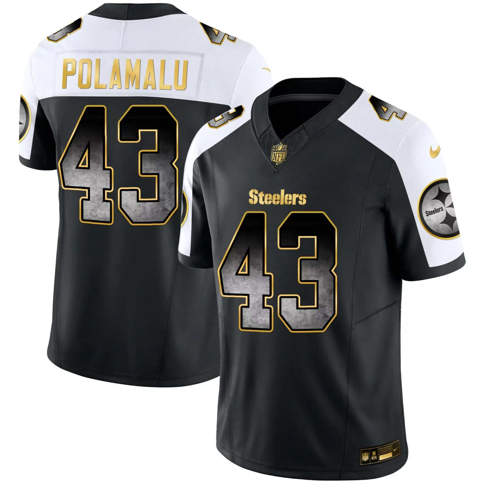 Troy Polamalu 43 Steelers Jersey Black Men Standard Alternate White Gold v3 All Stitched