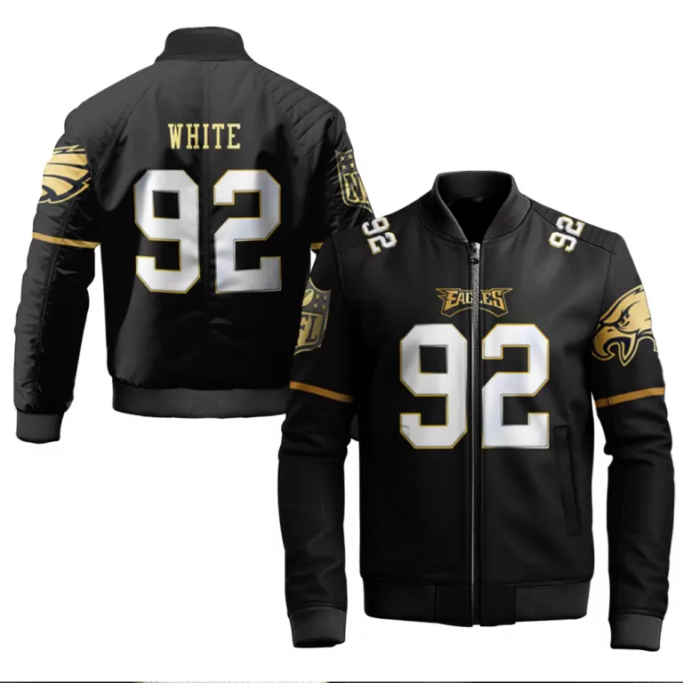 Reggie White 92 Eagles Jersey Black Men Bomber Jacket Gold Vapor Limited