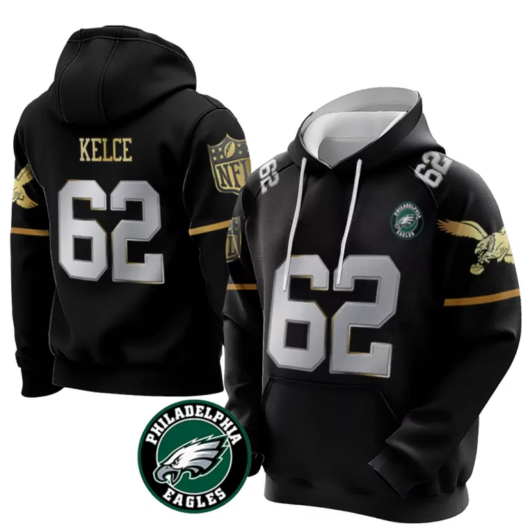 Jason Kelce 62 Jersey Black Philadelphia Eagles Men Hoodie Gold Silver Throwback