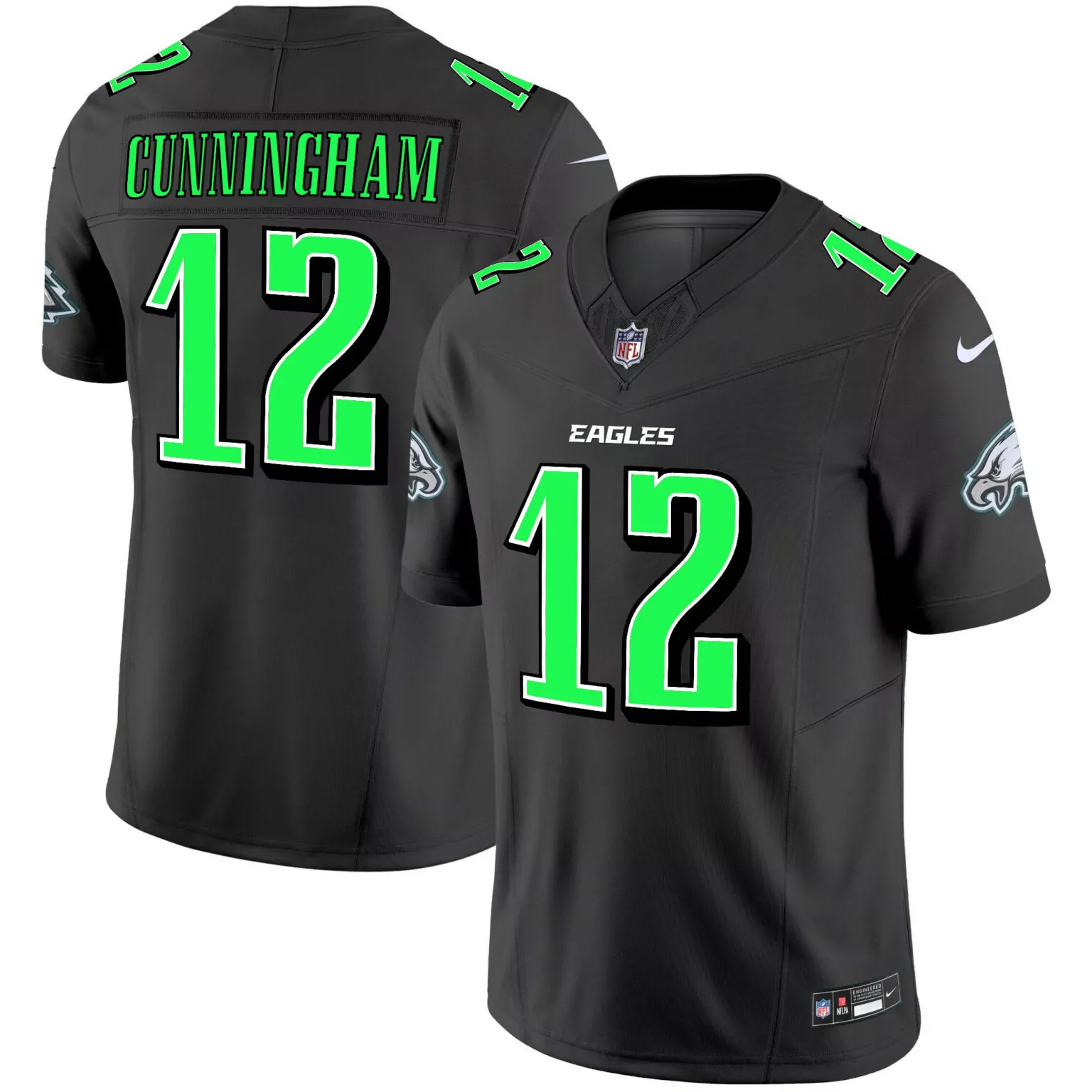 Randall Cunningham 12 Eagles Jersey Black Men Neon Green All Stitched
