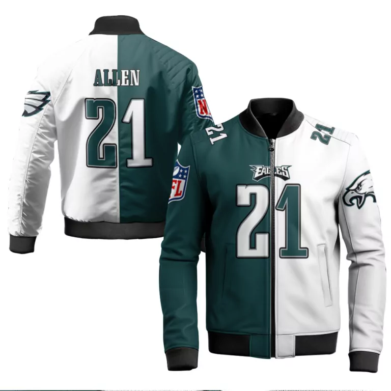 Eric Allen 21 Eagles Jersey Green Men Bomber Jacket Split Design White