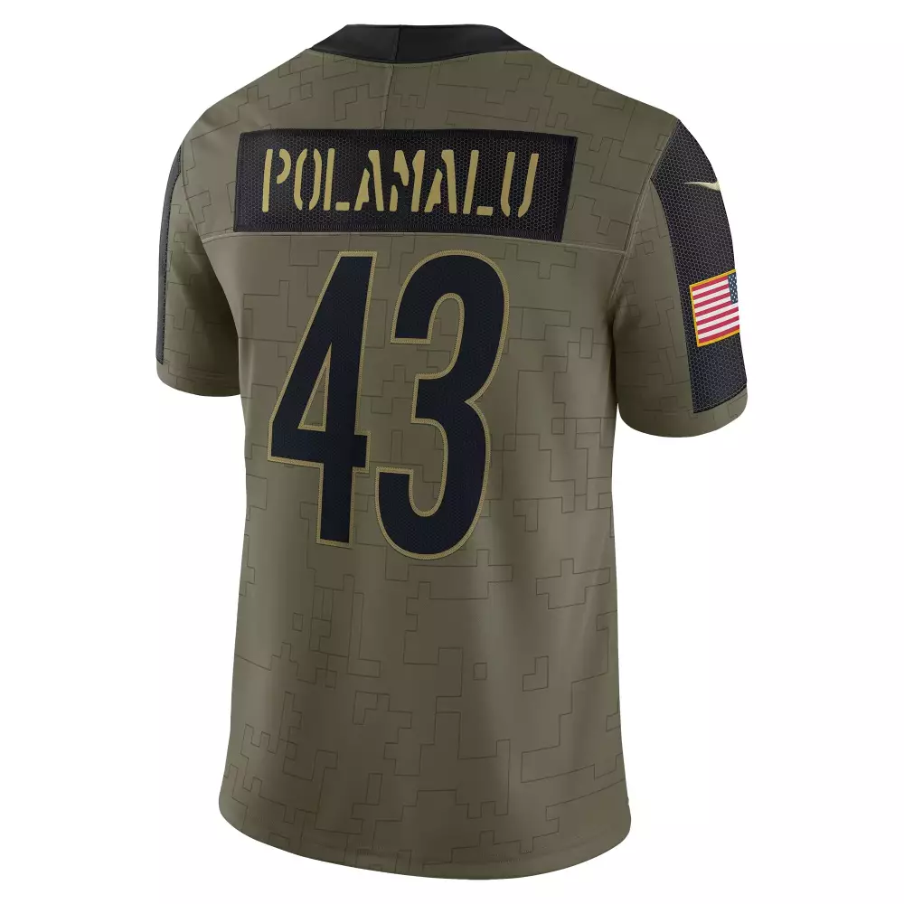 Troy Polamalu 43 Steelers Jersey Olive Green Men Custom Design Black Gold Retired