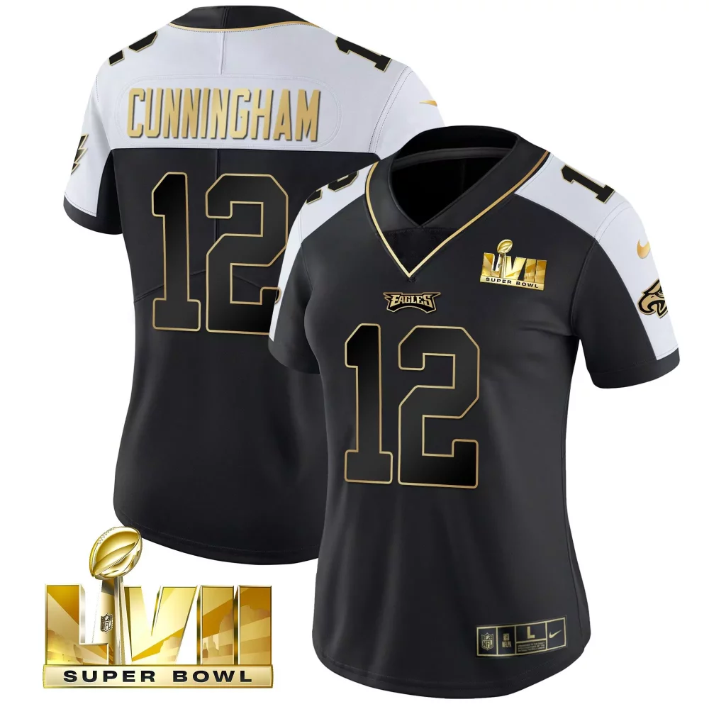 Cunningham 12 Eagles Jersey Black Super Bowl Lvii Women NFL White Gold Vapor All