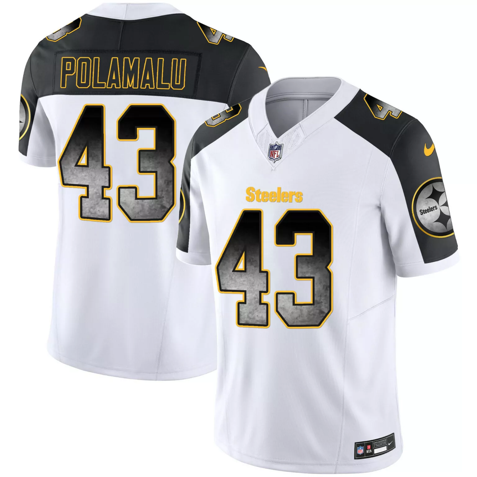 Troy Polamalu 43 Steelers Jersey White Men Standard Alternate Black Gold All Stitched