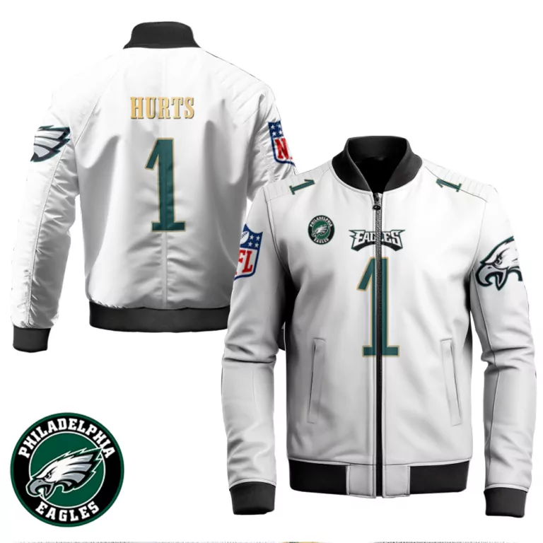 Jalen Hurts 1 Philadelphia Eagles Jersey White Men Bomber Jacket Green Black