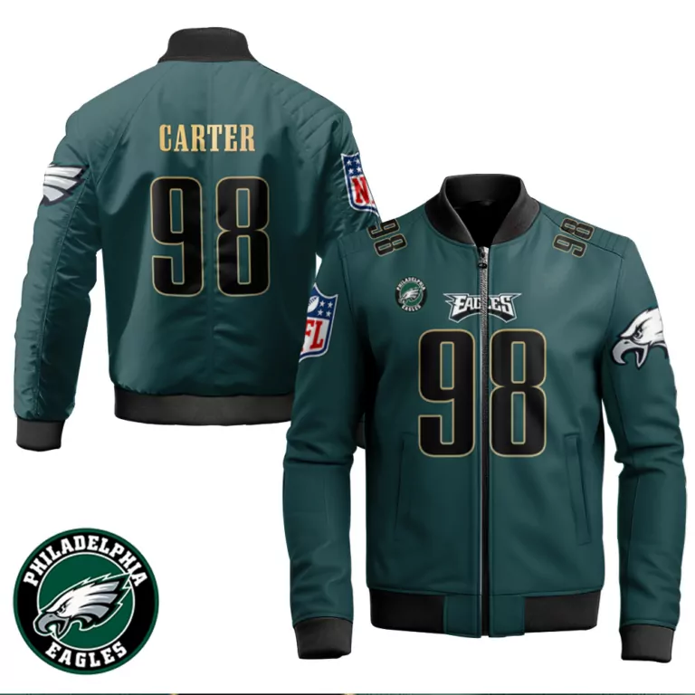 Jalen Carter 98 Jersey Dark Green Philadelphia Eagles Men Bomber Jacket Black Gold