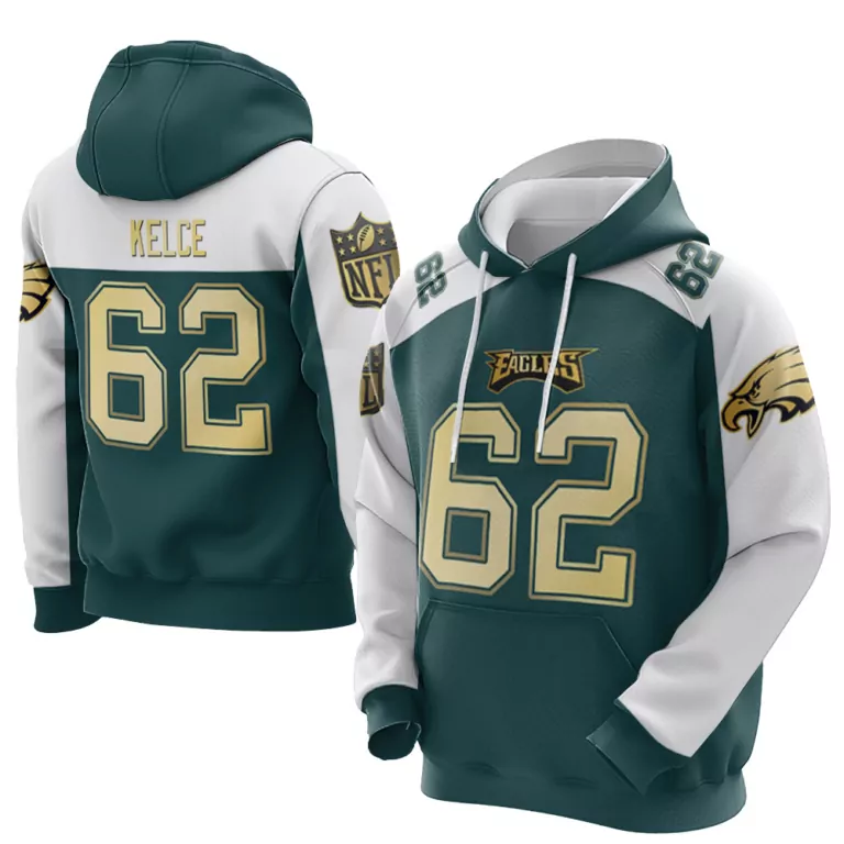 Jason Kelce 62 Eagles Jersey Green Men Hoodie White Gold Vapor Alternate