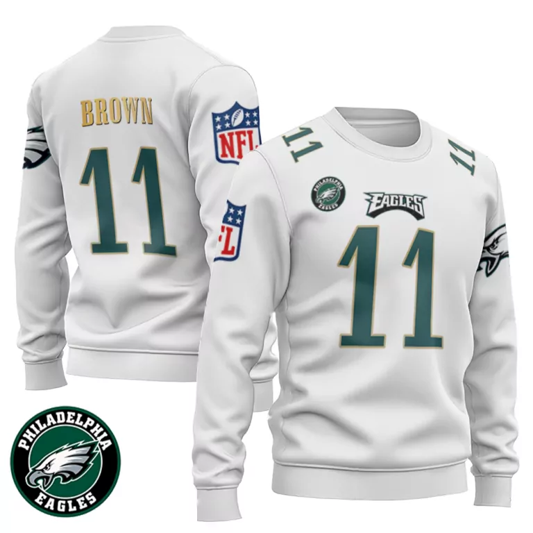 Aj Brown 11 Philadelphia Eagles Jersey White Men Sweatshirt Green Gold