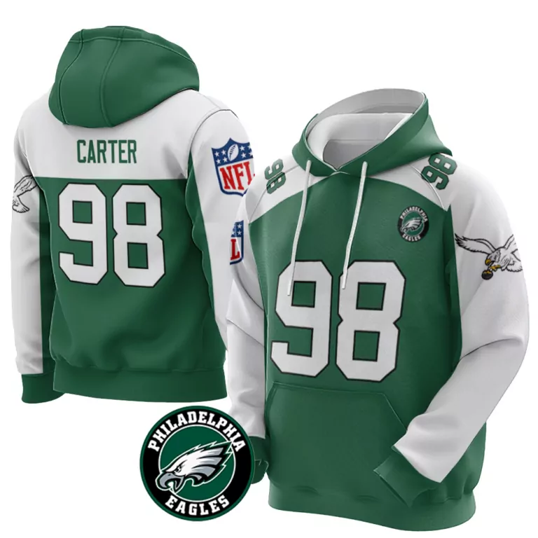 Jalen Carter 98 Jersey Green Philadelphia Eagles Men Hoodie White Throwback Vapor
