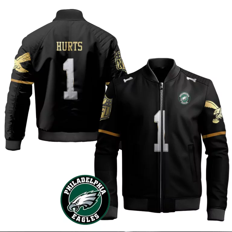 Jalen Hurts 1 Philadelphia Eagles Jersey Black Men Bomber Jacket Gold White Throwback