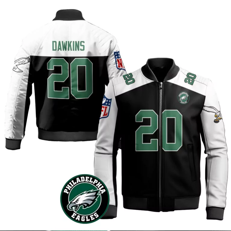 Brian Dawkins 20 Jersey Black Philadelphia Eagles Men Bomber Jacket Split Design