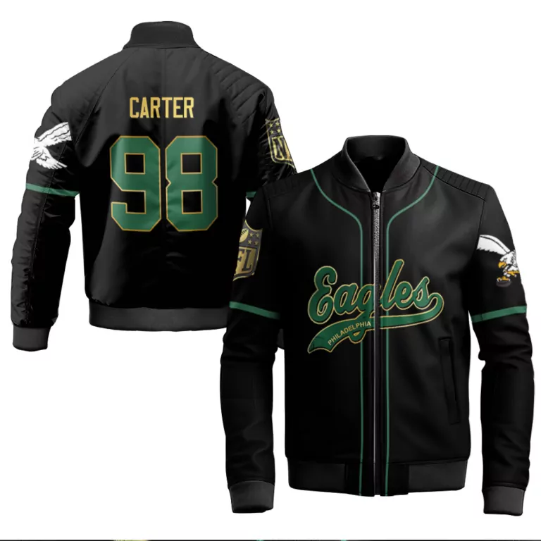 Jalen Carter 98 Jersey Black Philadelphia Eagles Men Bomber Jacket Green Gold Retired