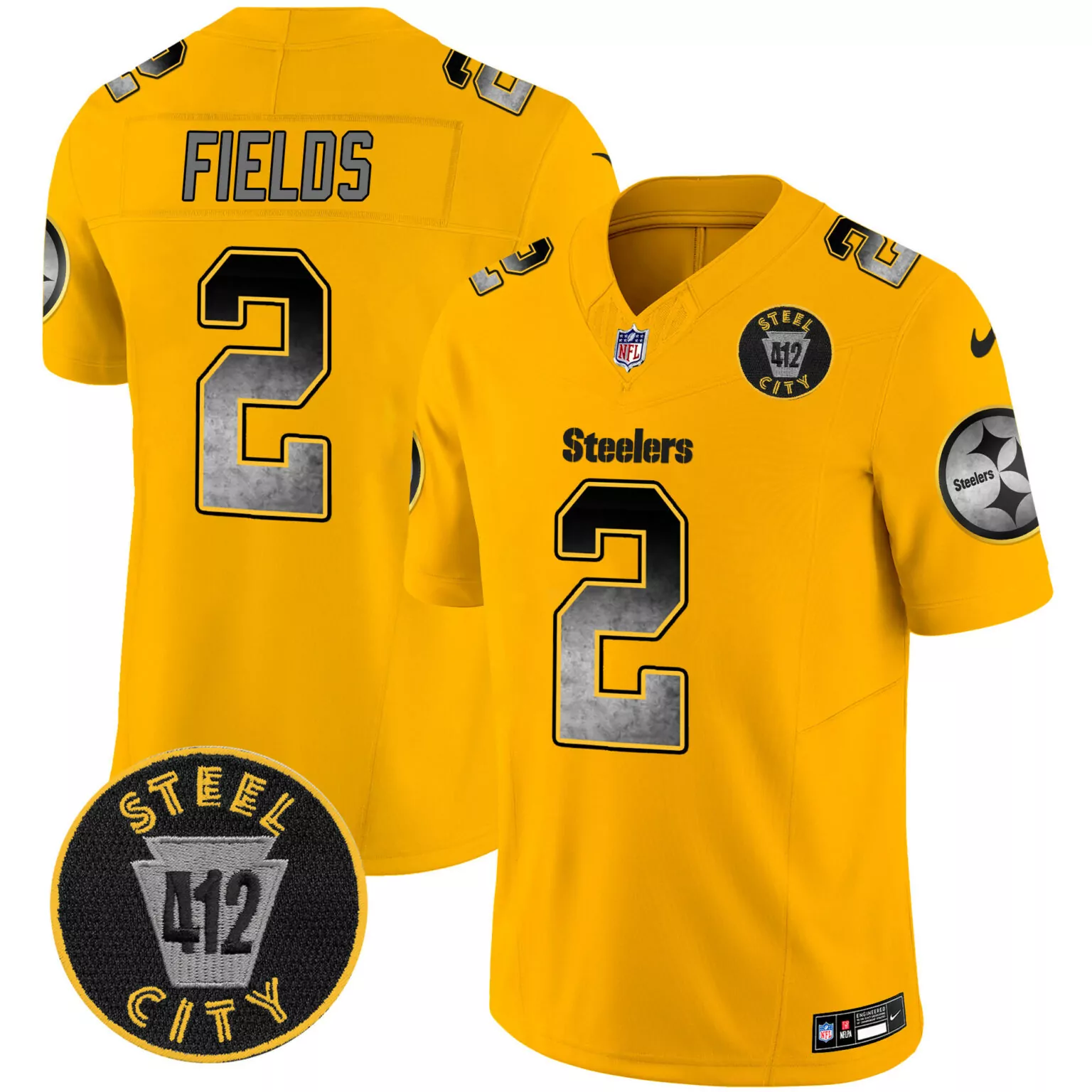 Justin Fields 2 Steelers Jersey Yellow Steel City 412 Men NFL Black Grey All Stitched