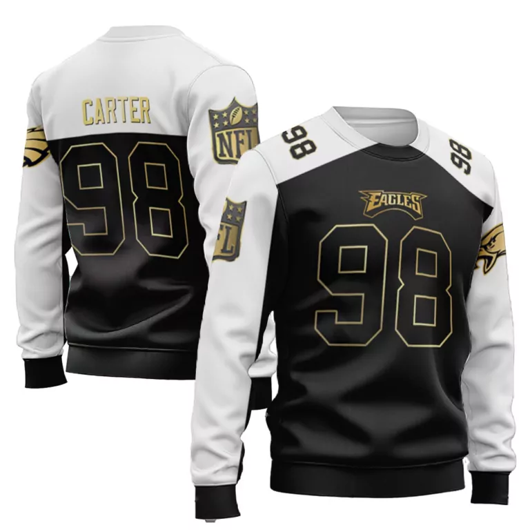 Jalen Carter 98 Eagles Jersey Black Men Sweatshirt Split Design White Gold Vapor