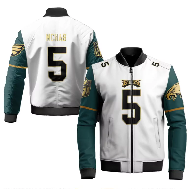 Donovan Mcnab 5 Eagles Jersey White 2023 Bomber Jacket Green Gold Vapor