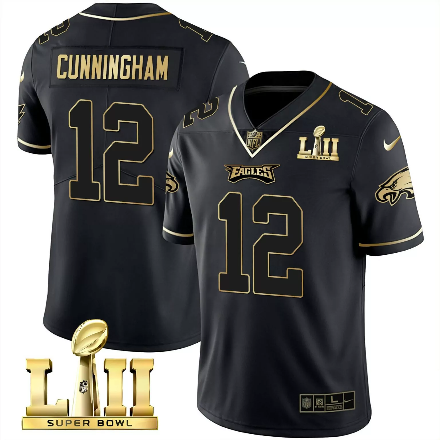 Randall Cunningham 12 Eagles Jersey Black Super Bowl Lii Men Gold All Stitched