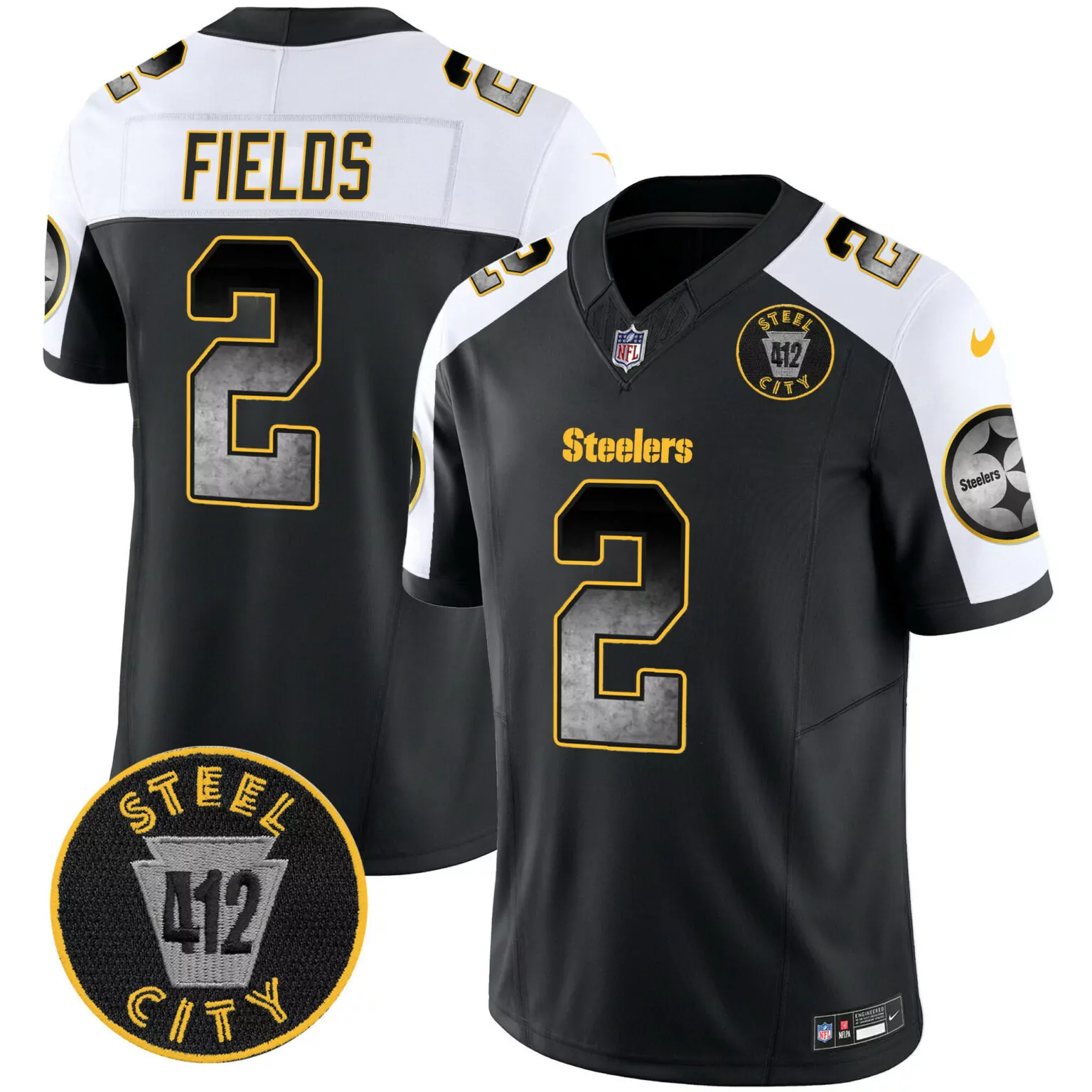Justin Fields 2 Steelers Jersey Black Steel City 412 Men Alternate Split Design White