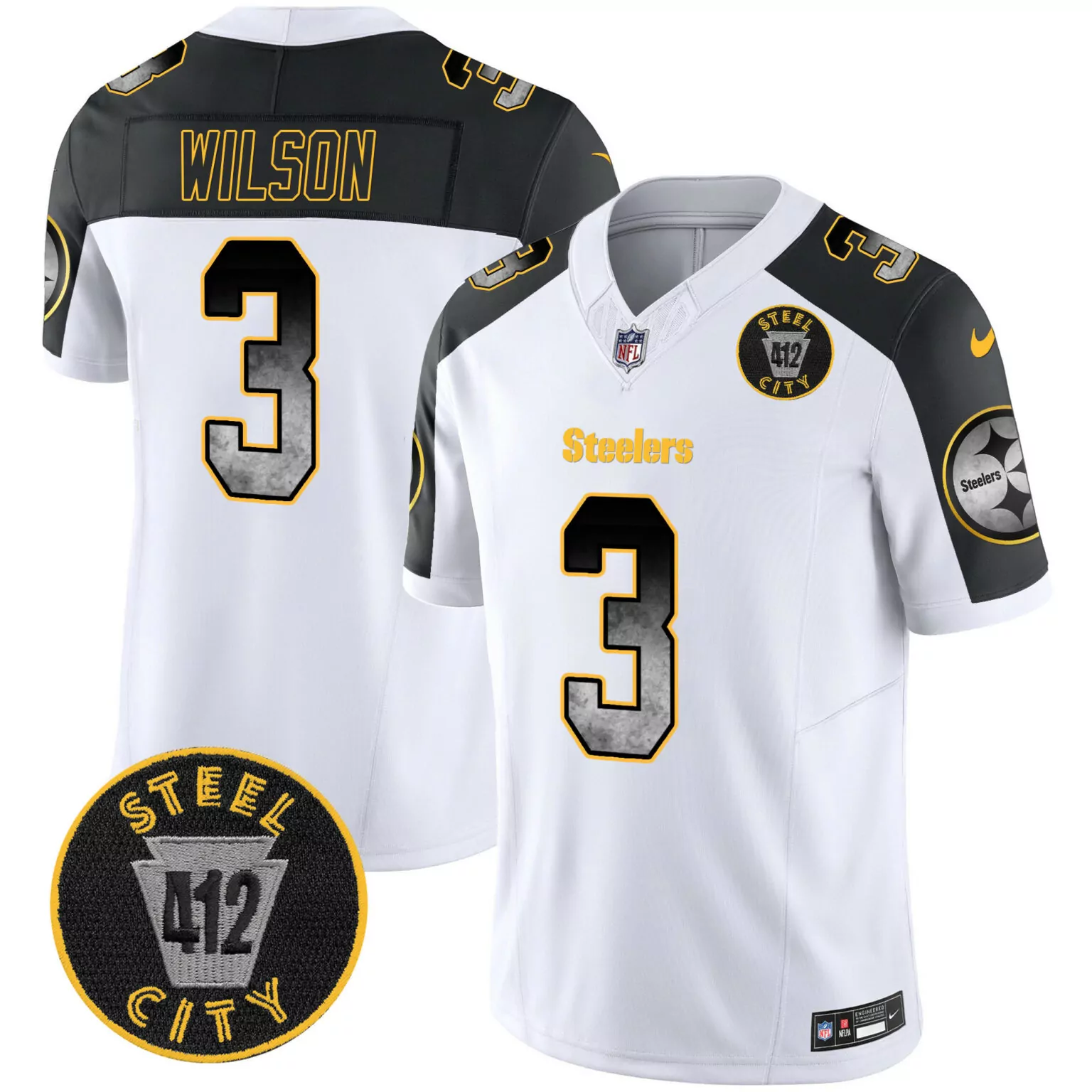 Russell Wilson 3 Steelers Jersey White Steel City 412 Men Alternate Split Design