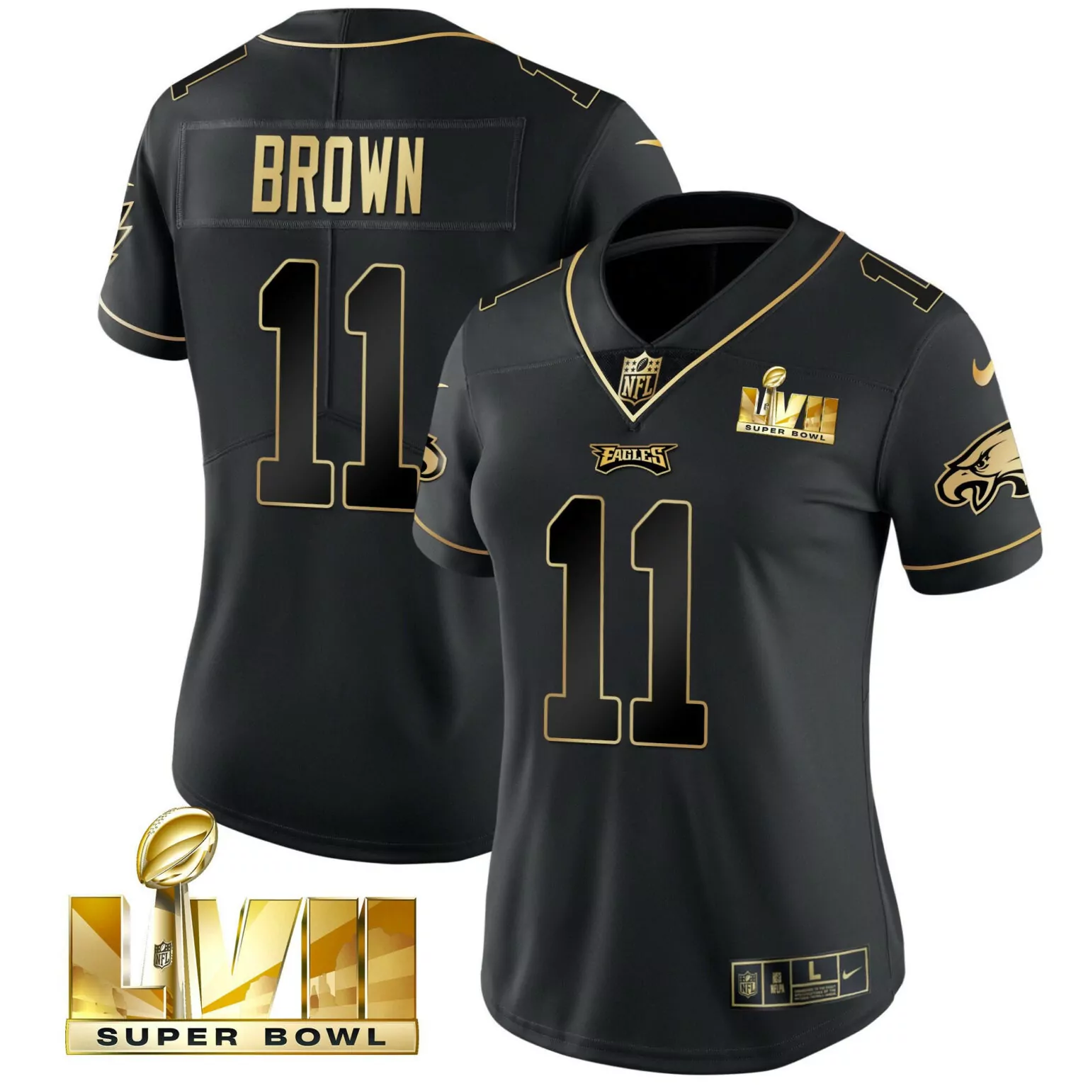 Aj Brown 11 Eagles Jersey Black Super Bowl Lvii Men Gold All Stitched