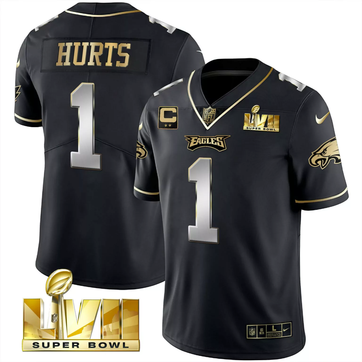 Jalen Hurts 1 Eagles Jersey Black Super Bowl Lvii Men Alternate Gold Silver Vapor