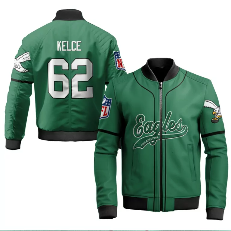 Jason Kelce 62 Jersey Green Philadelphia Eagles Men Bomber Jacket White Black Retired