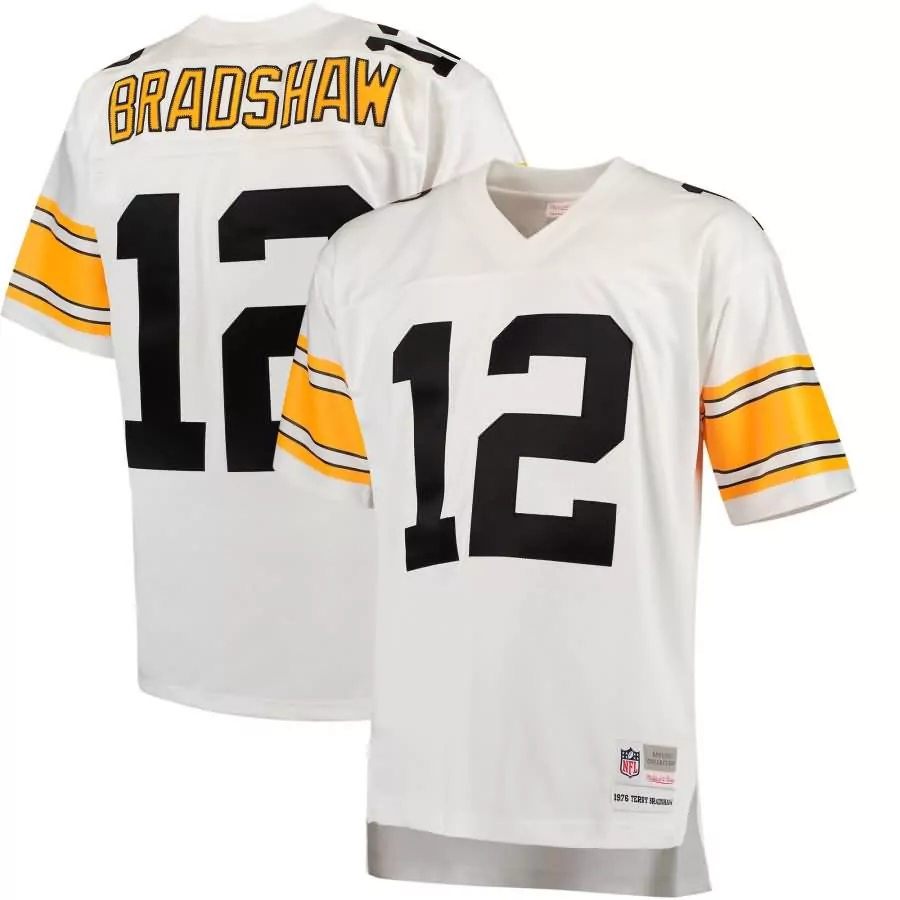 Terry Bradshaw 12 Steelers Jersey White Men Throwback Design Black Yellow Retired