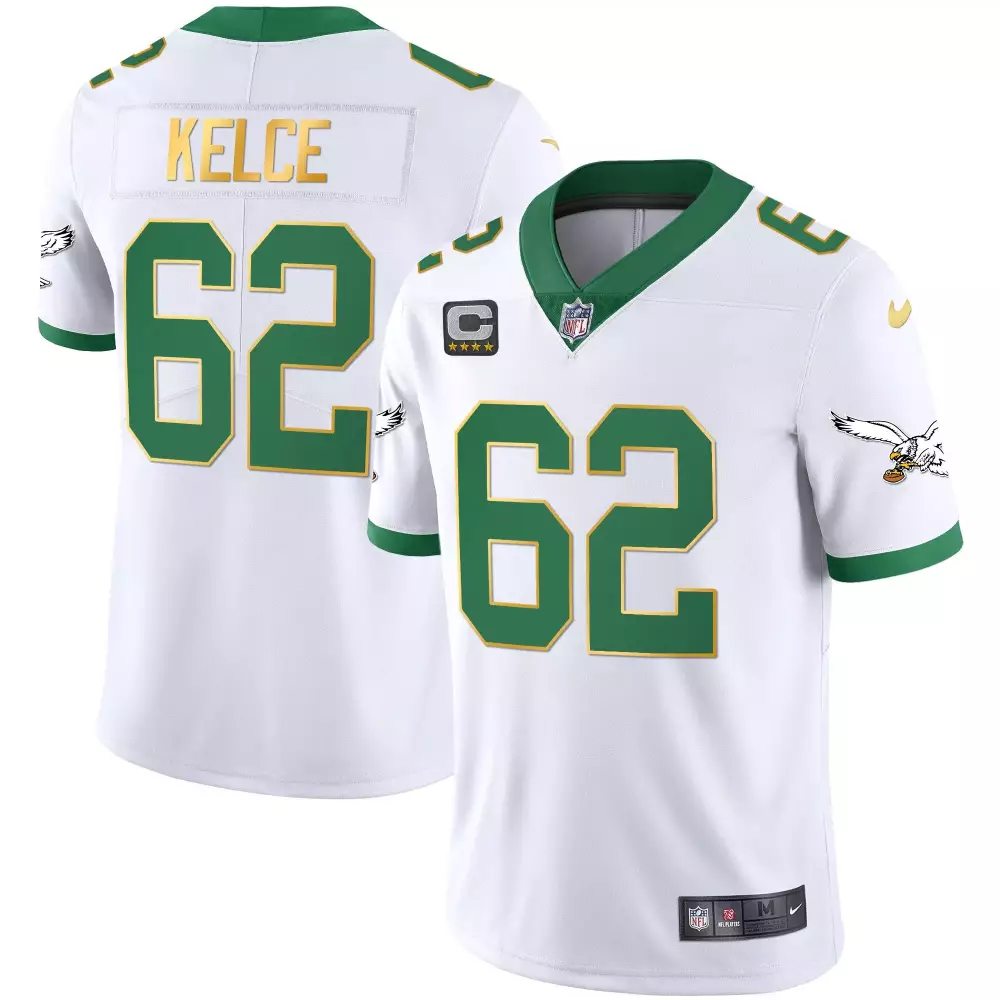 Jason Kelce 62 Jersey White Wings Philadelphia Eagles (captain's Patch) Gold Stars