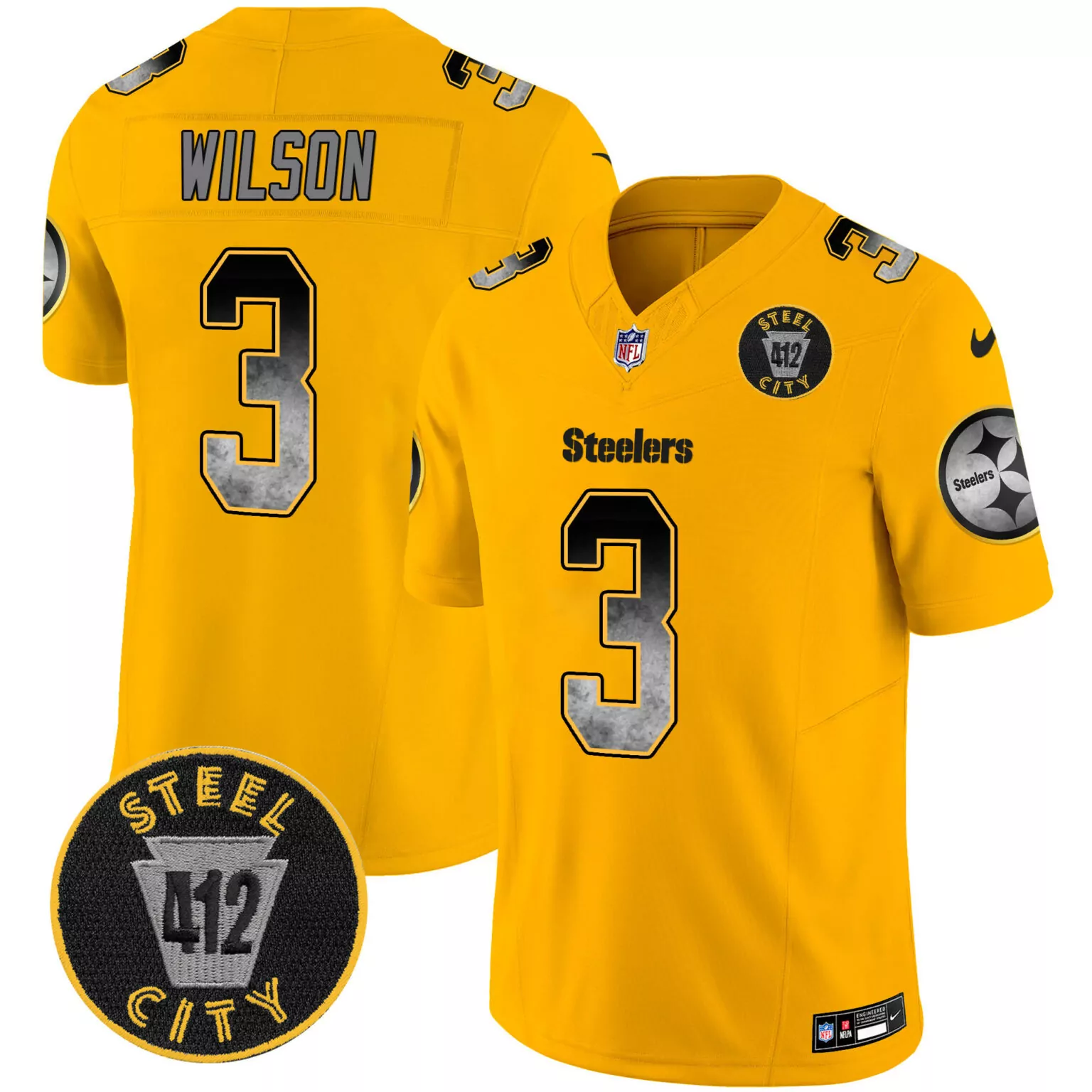 Russell Wilson 3 Steelers Jersey Yellow Steel 412 City Men Black Gray All Stitched