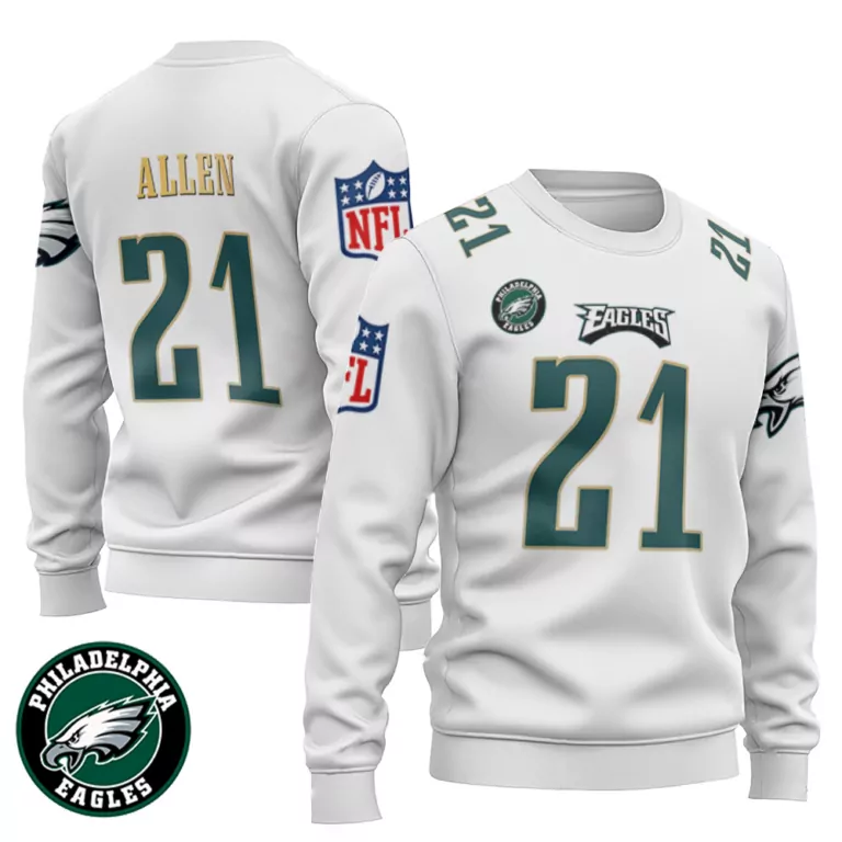 Eric Allen 21 Philadelphia Eagles Jersey White NFL Men Sweatshirt Green Gold
