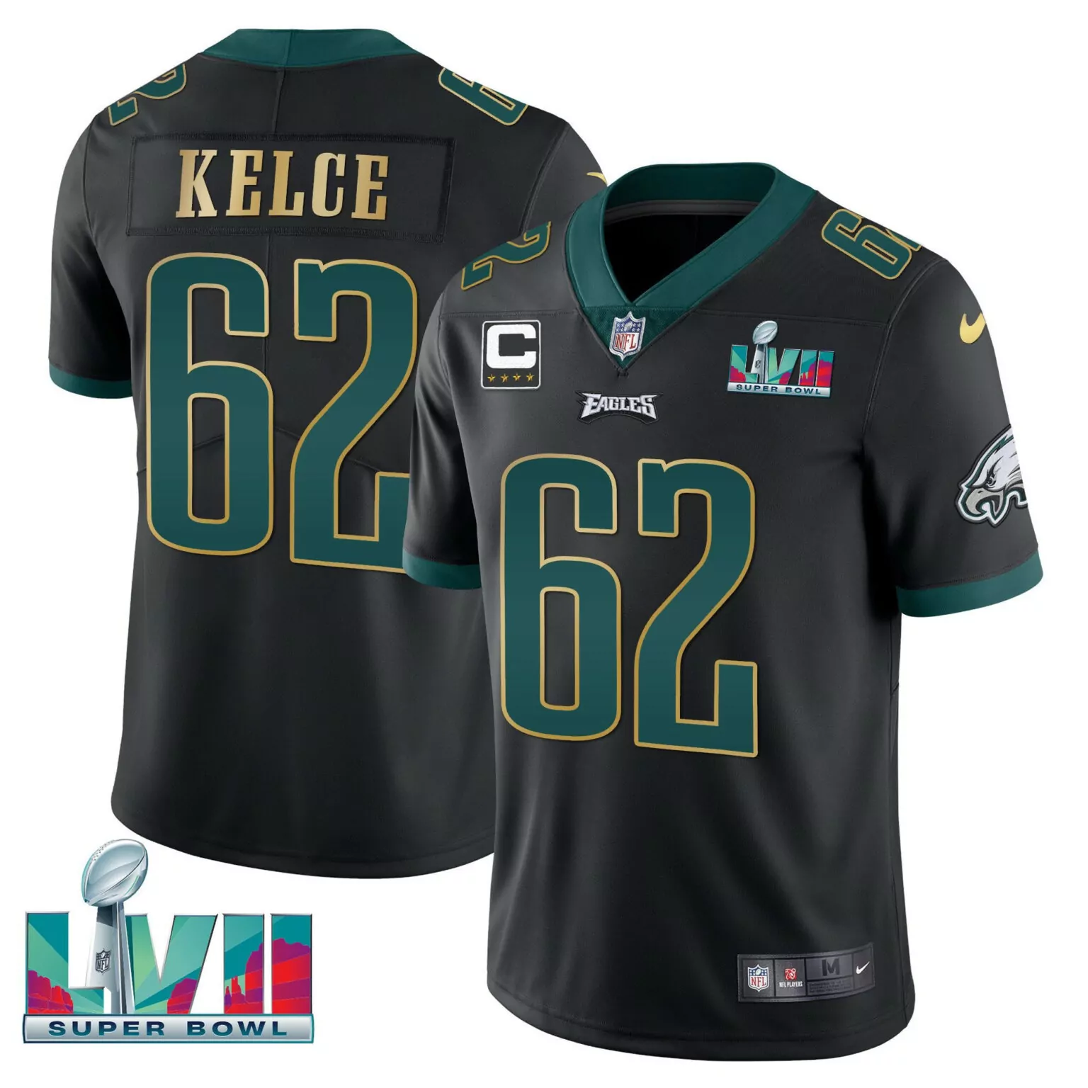 Jason Kelce 62 Eagles Jersey Black Super Bowl Lvii Captain Men Player Green Gold