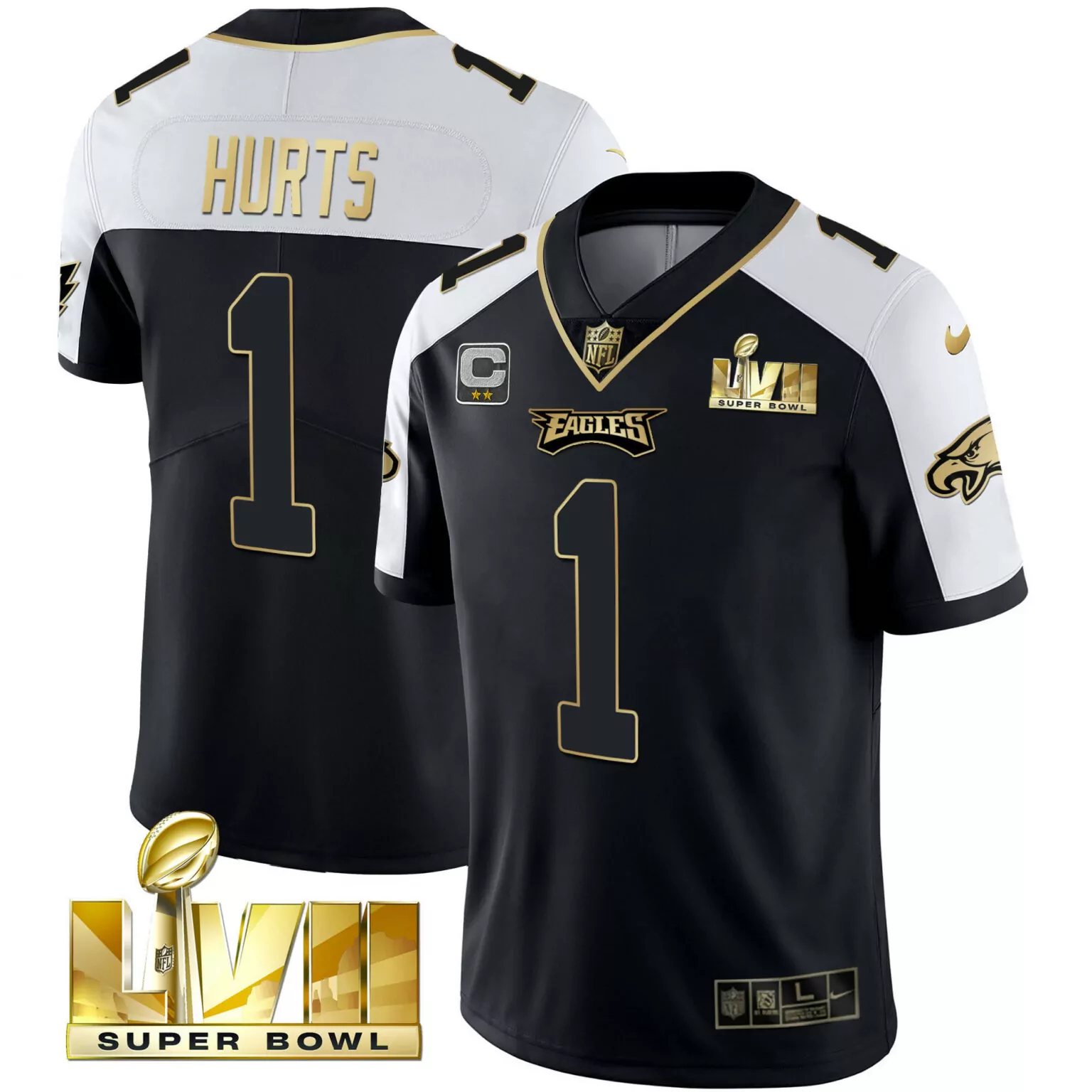 Jalen Hurts 1 Eagles Jersey Black Super Bowl Lvii Men Player Alternate White Gold