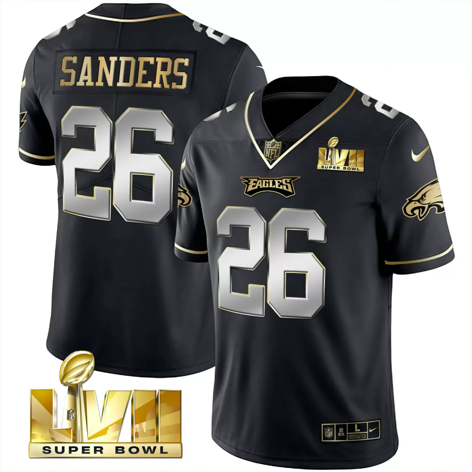 Miles Sanders 26 Eagles Jersey Black Super Bowl Lvii Men Player Gold Silver Vapor