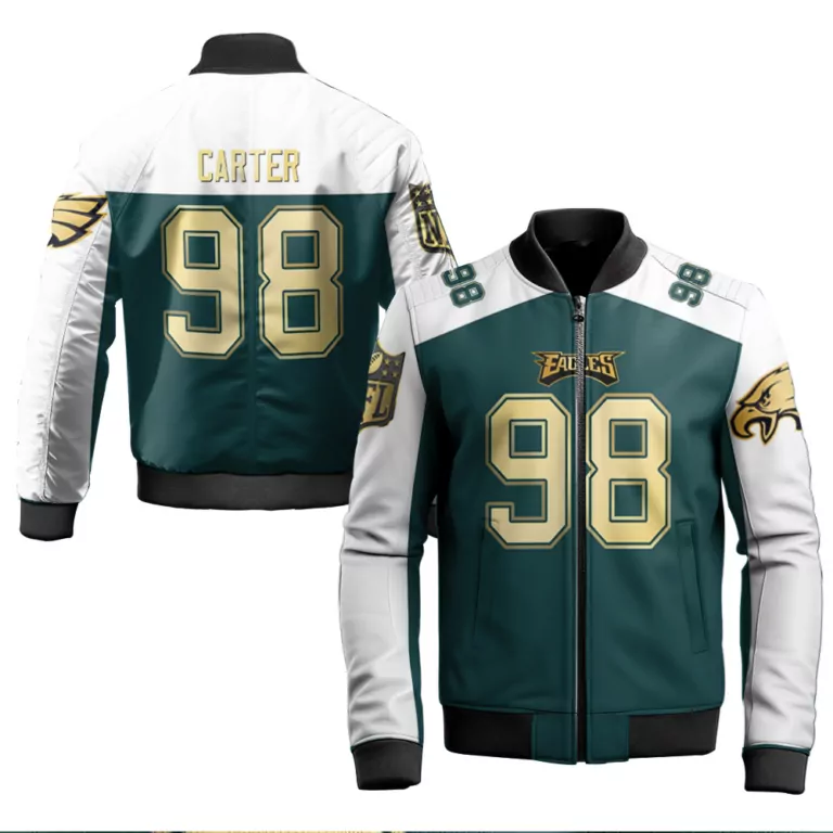 Jalen Carter 98 Eagles Jersey Green Men Bomber Jacket Split Design White Gold Vapor