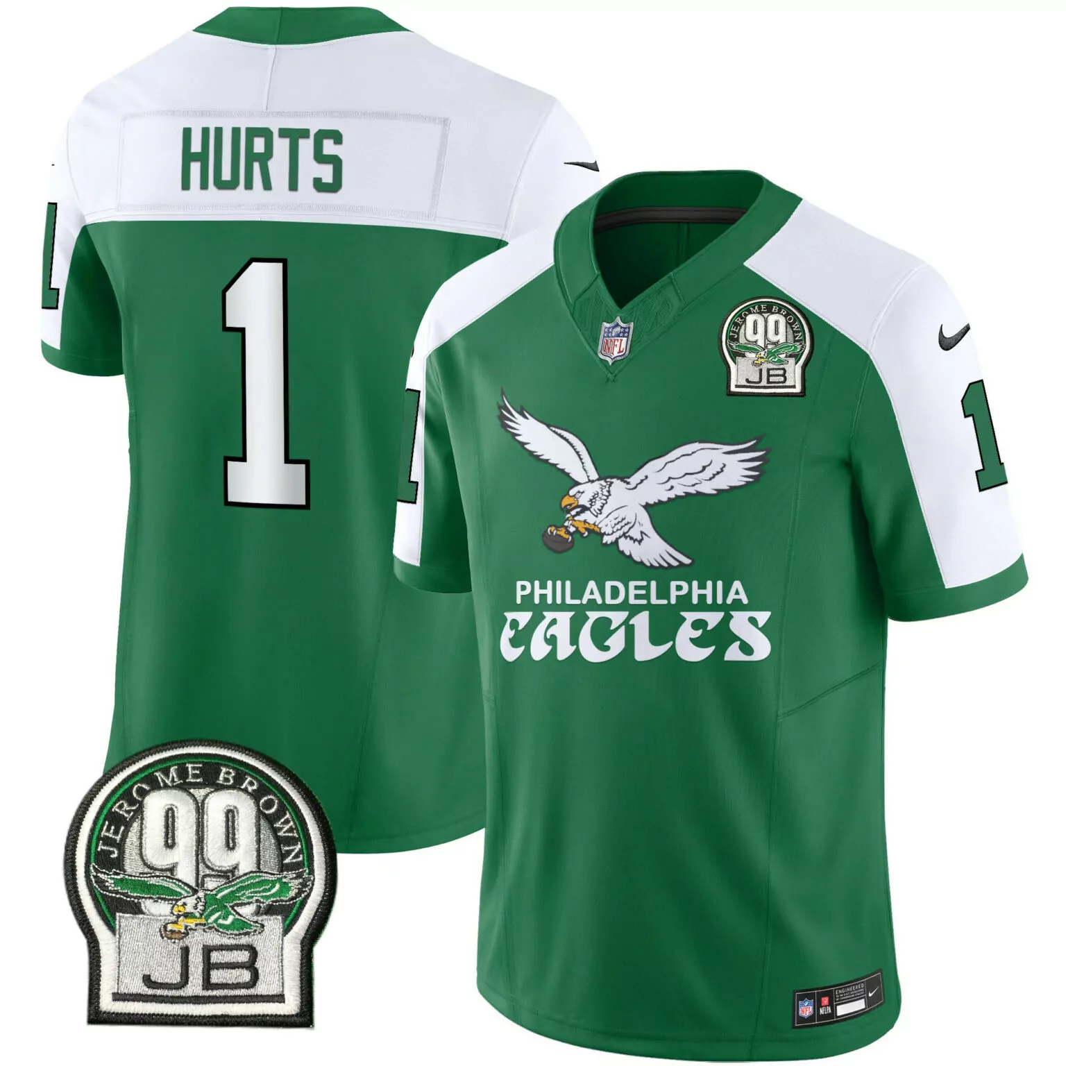 Jalen Hurts 1 Philadelphia Eagles Jersey Green Jerome Brown 99 Jb Men Official White