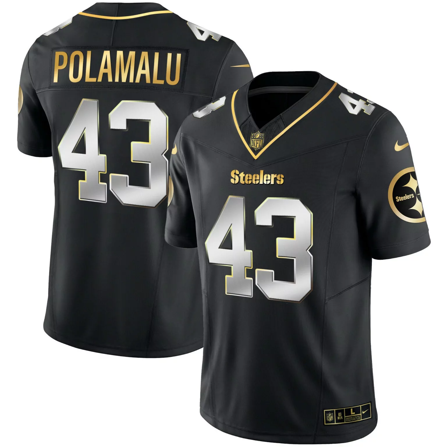Troy Polamalu 43 Steelers Jersey Black Men Gold Silver v2 All Stitched