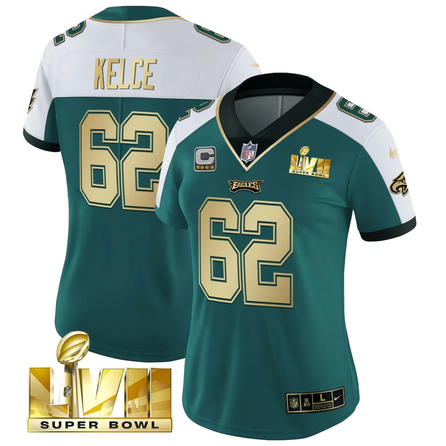 Jason Kelce 62 Eagles Jersey Green Super Bowl Lvii Men Player White Gold Alternate