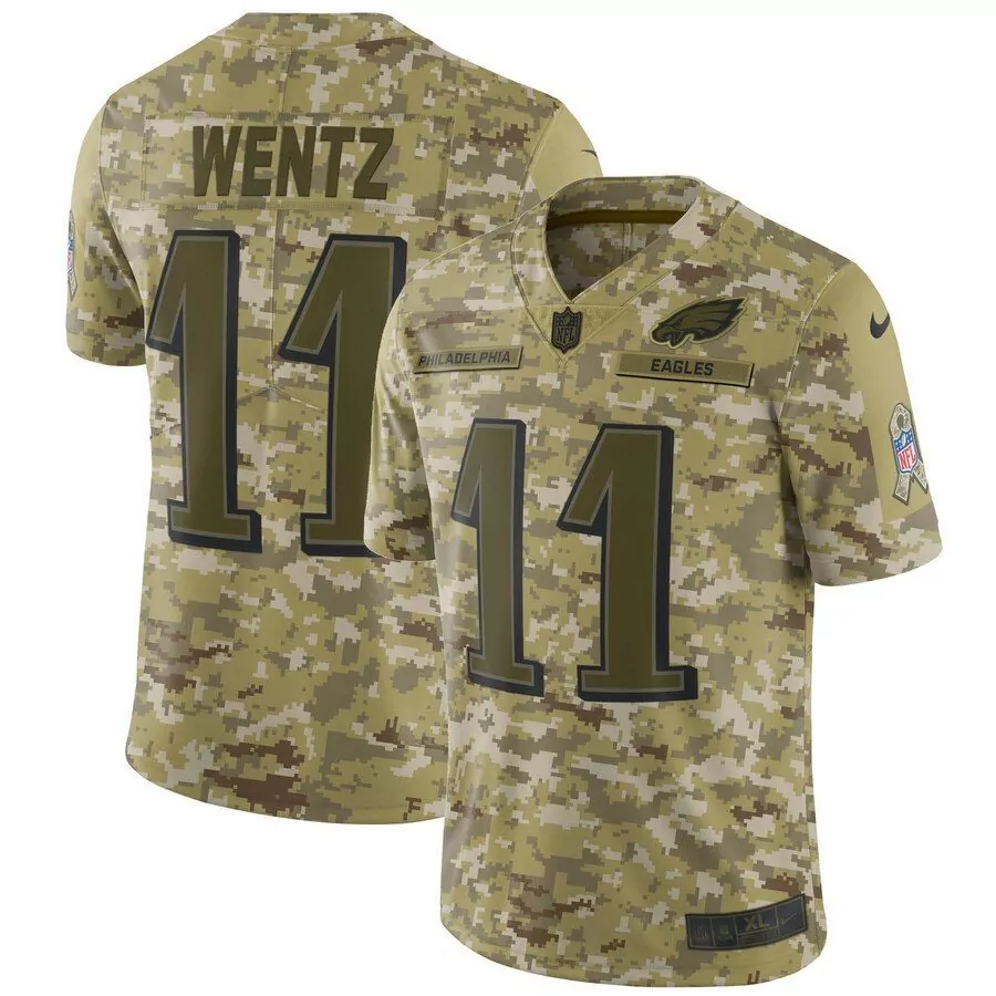 Carson Wentz 11 Eagles Jersey Tan Commemorative Men Digital Camouflage Dark Green