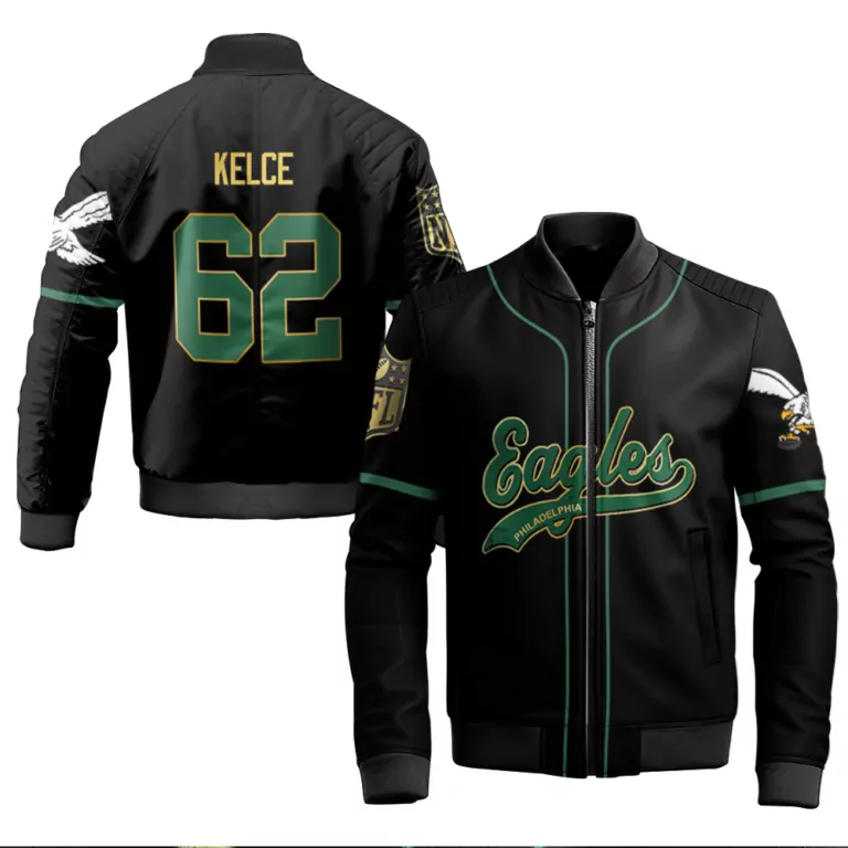 Jason Kelce 62 Jersey Black Philadelphia Eagles Men Bomber Jacket Green Gold Retired