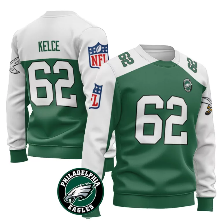 Jason Kelce 62 Jersey Green Philadelphia Eagles Men Sweatshirt White Throwback Vapor