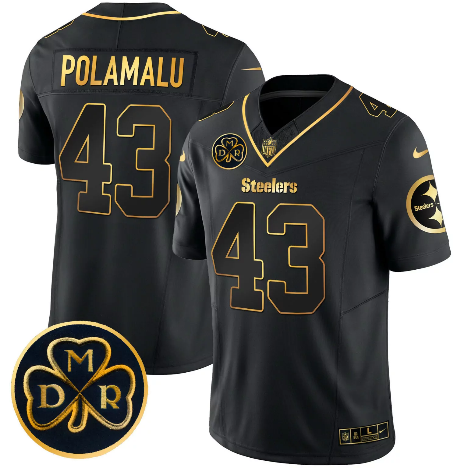 Troy Polamalu 43 Steelers Jersey Black Dmr Clover Men Gold All Stitched