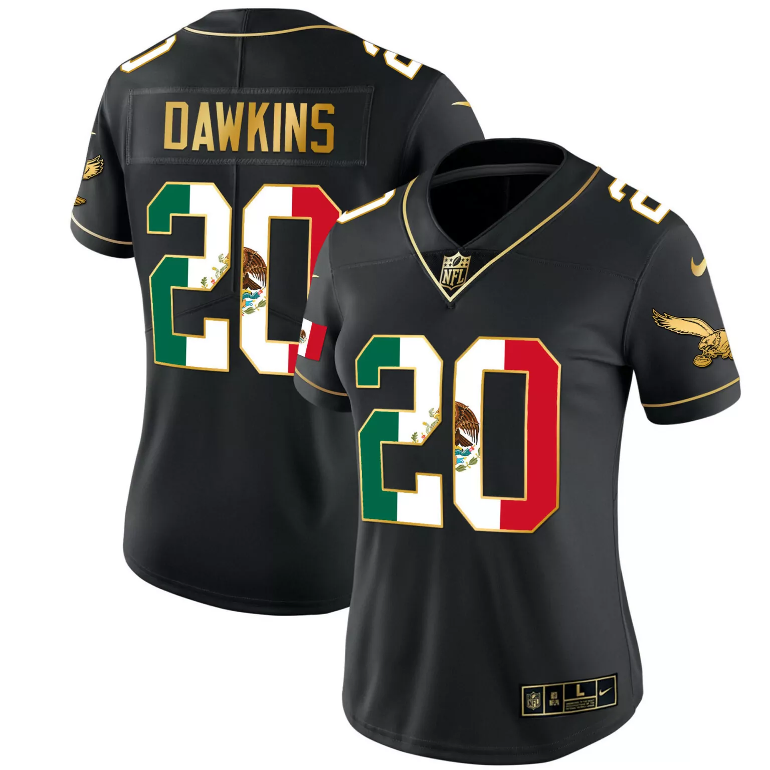 Brian Dawkins 20 Eagles Jersey Black Mexican Heritage 2023 Men Split Design Gold