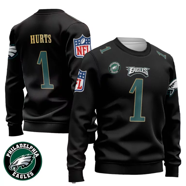 Jalen Hurts 1 Philadelphia Eagles Jersey Black Men Crewneck Sweatshirt Green White