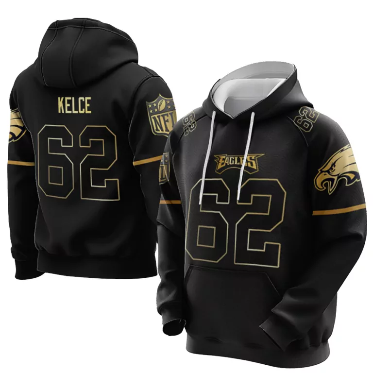 Jason Kelce 62 Eagles Jersey Black Men Hoodie Gold Vapor