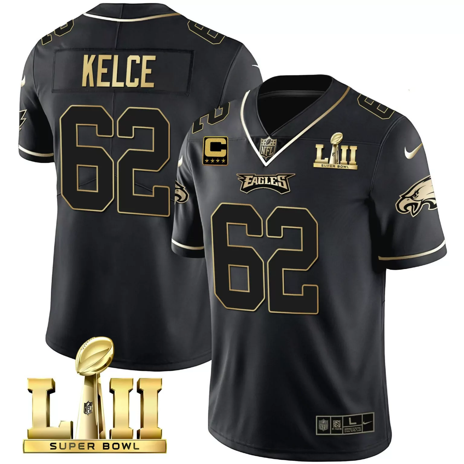 Jason Kelce 62 Eagles Jersey Black Super Bowl Lii Champions Men Gold All Stitched