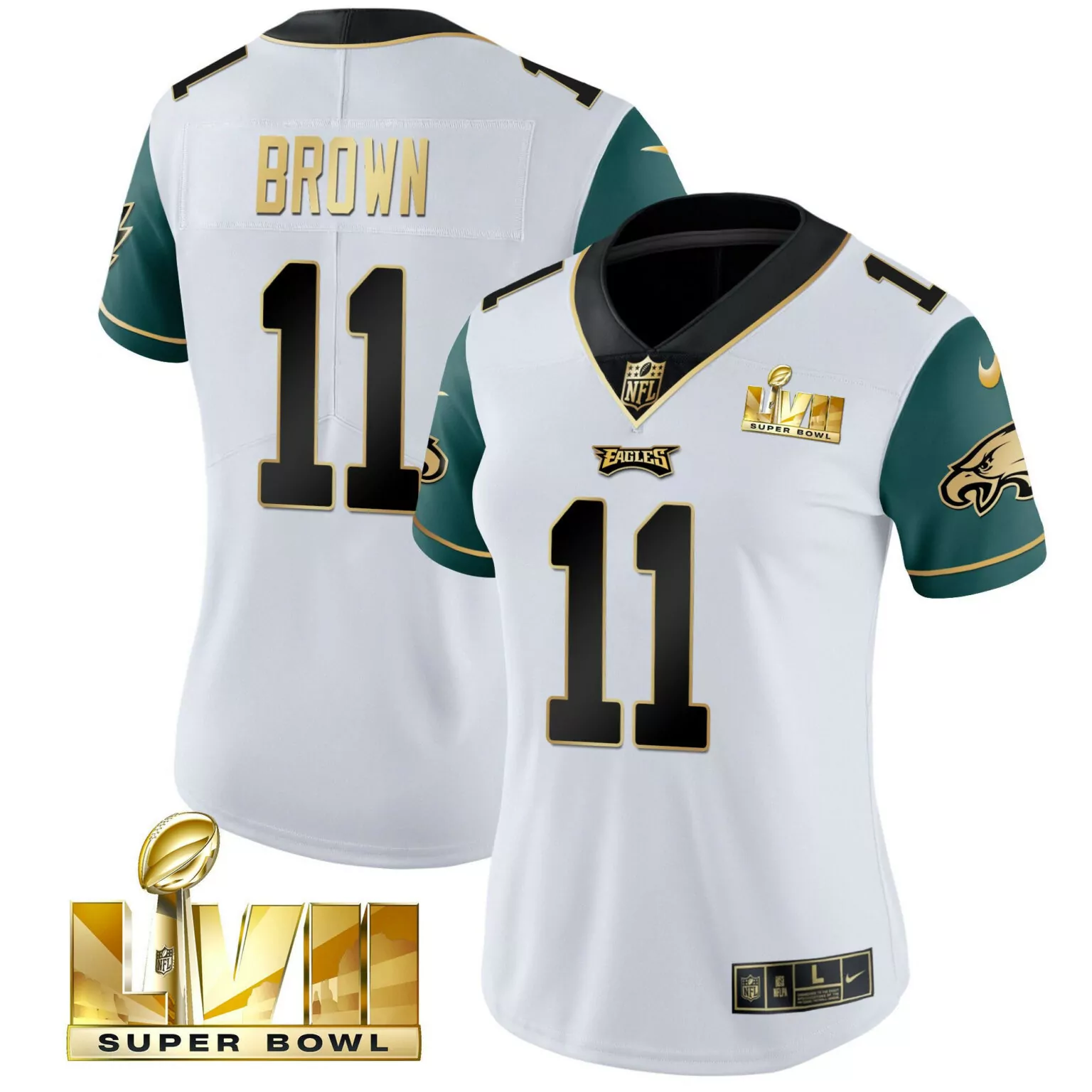 Aj Brown 11 Eagles Jersey White Super Bowl Lvii Women Game Green Gold All Stitched