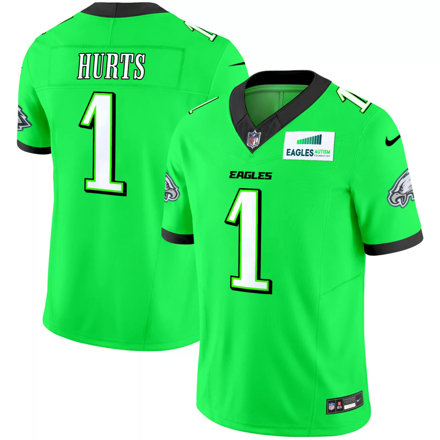 Jalen Hurts 1 Eagles Jersey Green Autism Foundation Men Black All Stitched